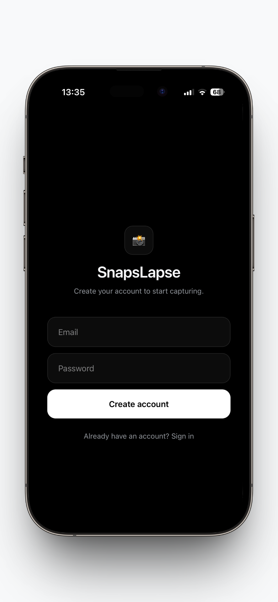 SnapsLapse sign up screen